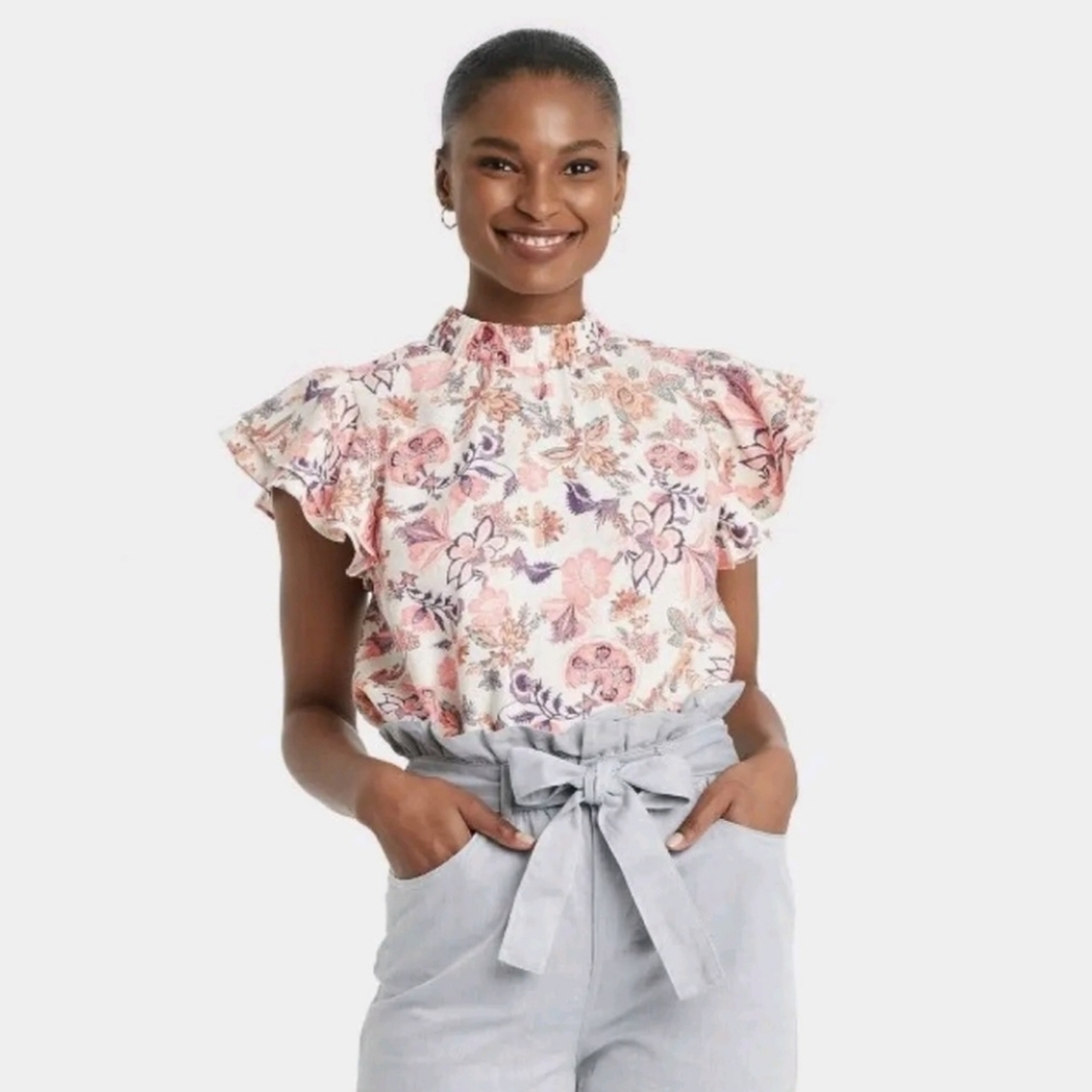 Who What Wear (Women's Small) Floral Ruffle Sleeve Tie Back Linen Blend Top